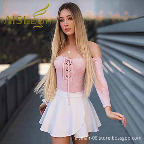 Aisi Beauty Vendor Cheap Party 26 Inch Long Straight Ombre Blonde Wig Swiss Lace Synthetic Hair For Black Women Lace Front Wig